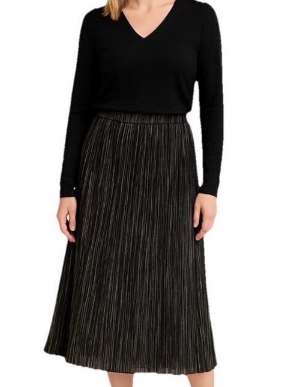 NWT Everleigh XL Black Metallic Foil Pleated Midi Skirt Elastic Waist - Picture 2 of 13